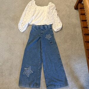 girl White Lace Top and Blue Denim Jeans with Star Patches 11-12